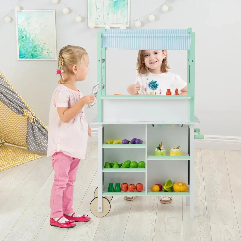 COSTWAY Double-Sided Wooden Playset – Kitchen & Grocery Store, LED Lights & Accessories