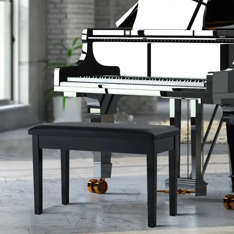 COSTWAY Dual-Seater Piano Bench – Solid Wood Music Stool with Leather Upholstery & Storage