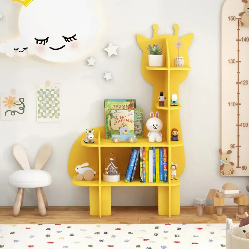 COSTWAY Giraffe-Themed Bookshelf – Yellow 4-Tier Child-Sized Bookcase