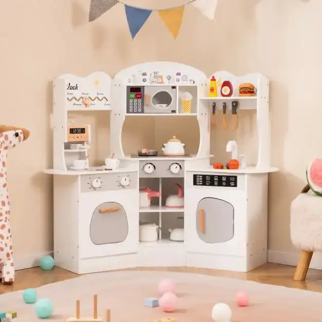 COSTWAY White Corner Play Kitchen – Feature-Rich Design with Audio Effects, Sink & Brew Station