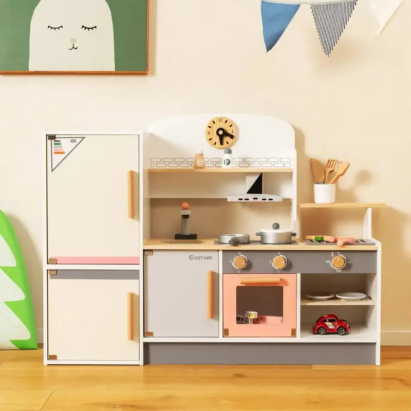 COSTWAY Wooden Pretend Play Kitchen with BBQ Grill Station and 14-Piece Accessory Set