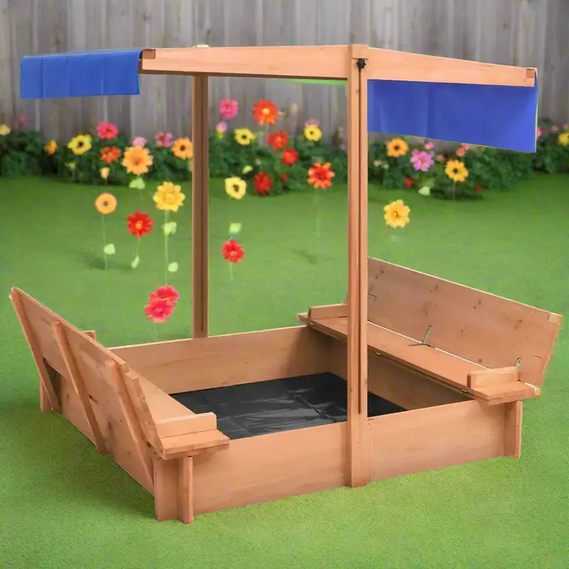Covered Wooden Sandbox for Gardens | Fir Timber Sandpit with Bench Seating & UV-Resistant Canopy