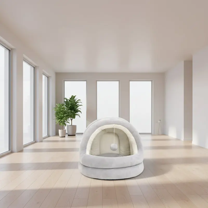 Cozy Cat Cave Bed – Grey & Cream Fleece Interior with Hanging Toy and Soft Cushion