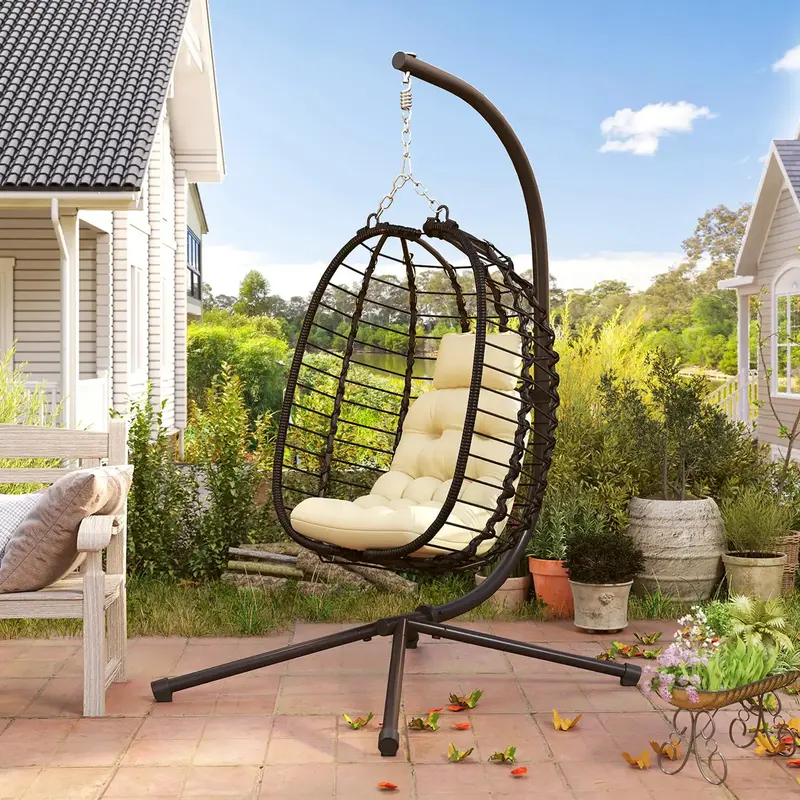 Cream White Rattan Hanging Egg Chair – Foldable Swing Seat with Height Adjustment