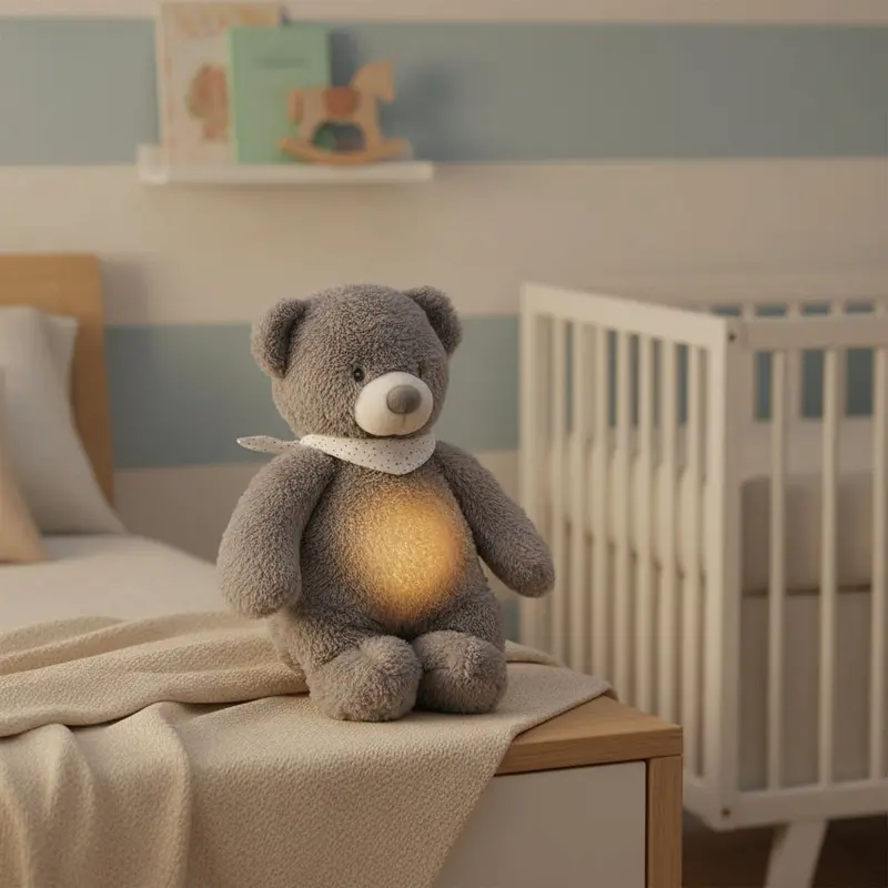 Cry-Activated Soothing Teddy Bear – Grey Sleep Aid with Night Light and Calming Sounds