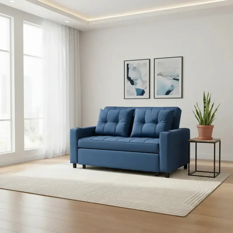 Dark Blue Linen Loveseat Sofa Bed – Reclining Two-Seater with Integrated Storage Pockets by HOMCOM