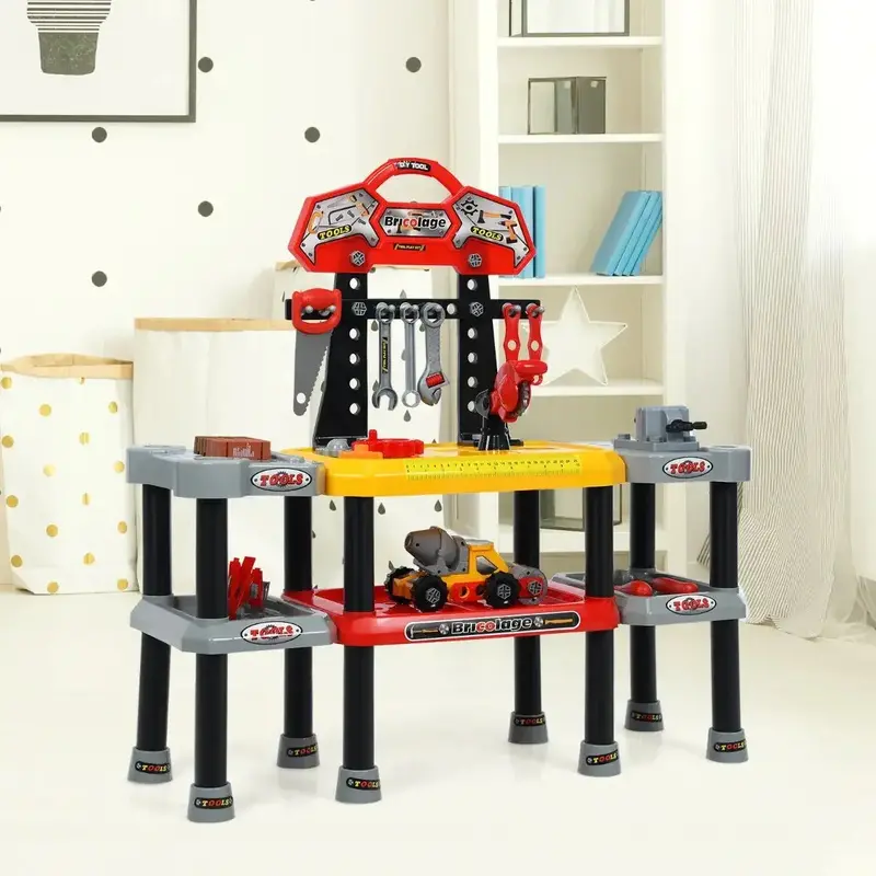 Double-Tier Kids’ Tool Workbench Playset – 121-Piece Pretend Construction Kit with Storage by COSTWAY