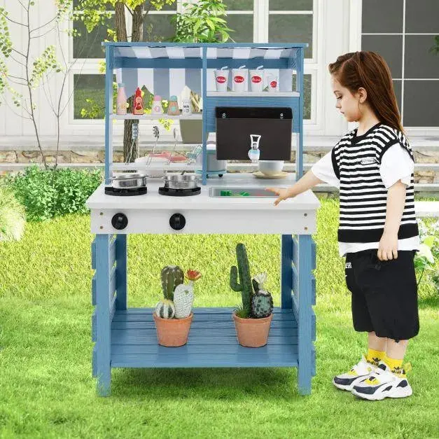 Dual-Function Mud Kitchen – Blue Fabric-Covered Play Station with Removable Canopy and Accessories