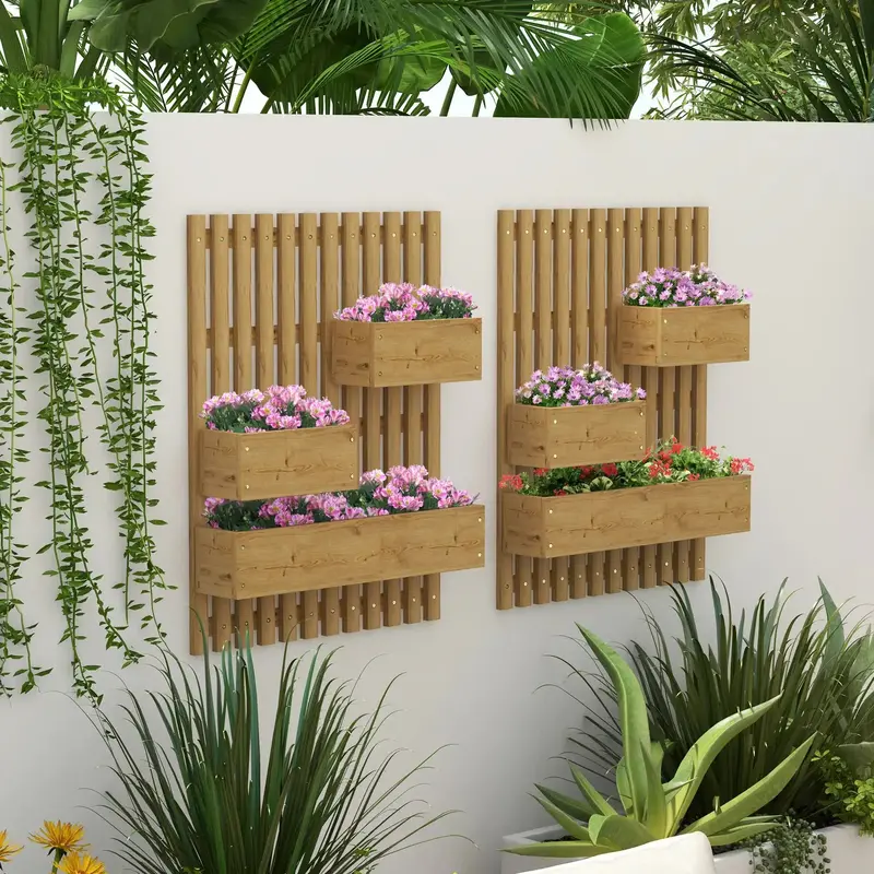 Dual Wall-Mounted Wooden Planters with Trellis – Vertical Garden Set for Indoor or Outdoor Use