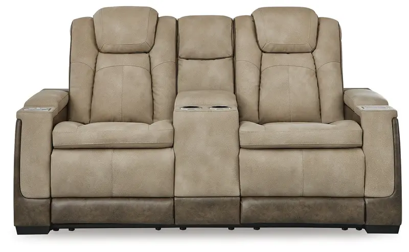 Durapella Sand Power Reclining Loveseat with Console & Adjustable Headrest