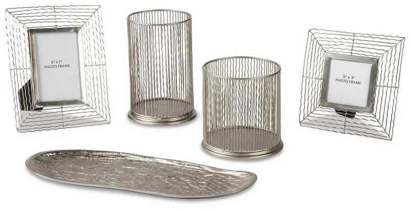 Dympna Silver-Finished Accessory Set – Five-Piece Metallic Home Décor Collection