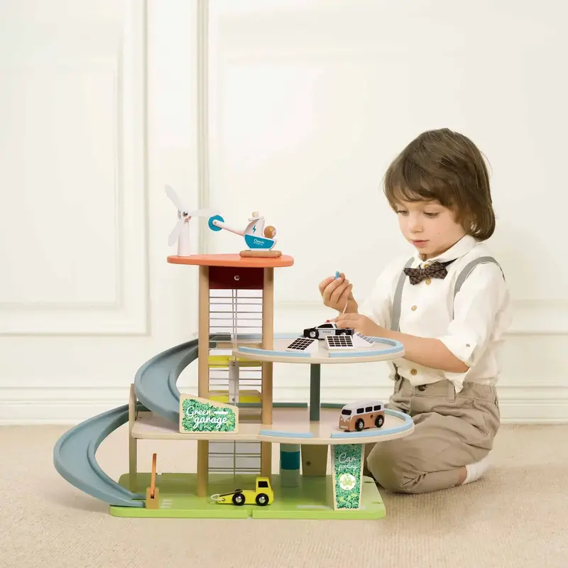 Eco-Friendly Kids’ Solar & Wind-Powered Play Garage – Wooden Green Garage – CLASSIC WORLD