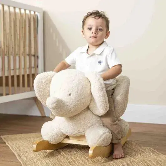 Ecru Teddy Elephant Rocker for Toddlers – Soft-Padded Seat, Secure Harness & Natural Wood Frame by NATTOU