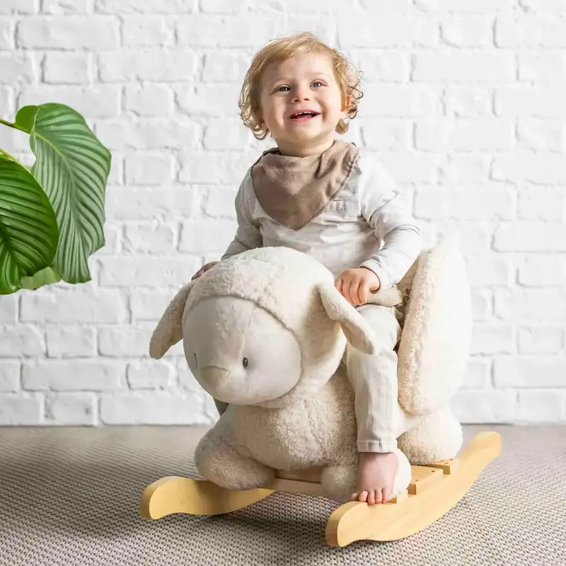 Ecru Teddy Sheep Rocking Seat for Toddlers – Padded Cushion, Safety Harness & Solid Wood Base by NATTOU