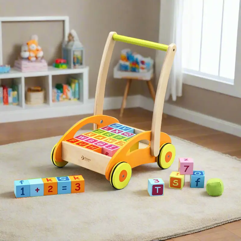 Educational Wooden Baby Walker with ABC Blocks – Toddler Learning Walking Aid – CLASSIC WORLD