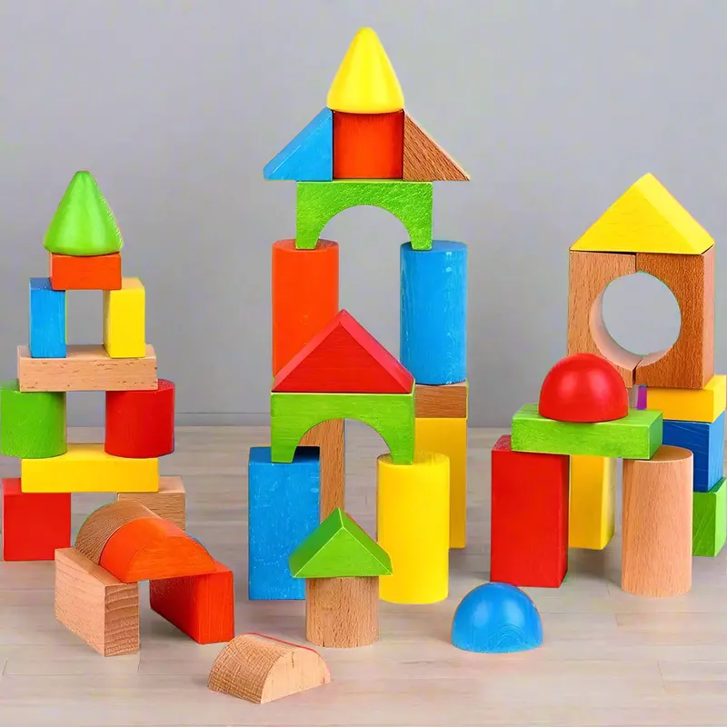 Educational Wooden Building Block Set – 50-Piece Assortment in Vibrant Colors & Shapes | LELIN