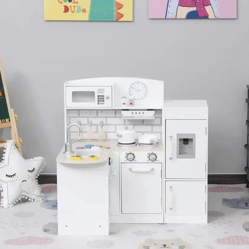 Educational Wooden Play Kitchen for Children – Electronic Water Dispenser and 14-Piece Accessory Set by HOMCOM