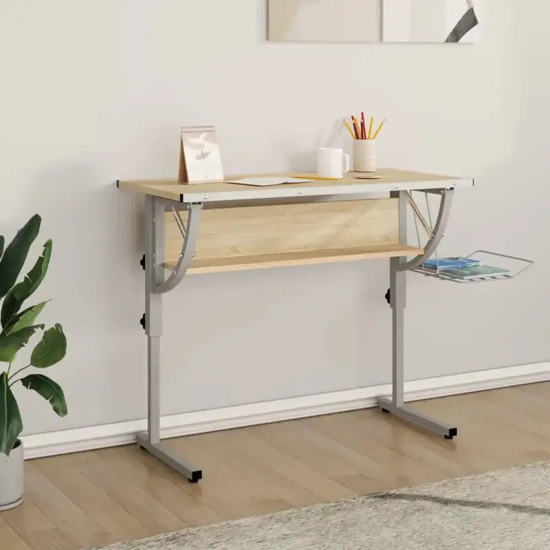 Ergonomic Tilting Craft Desk – Sonoma Oak & Grey Finish with Shelf & Magazine Holder