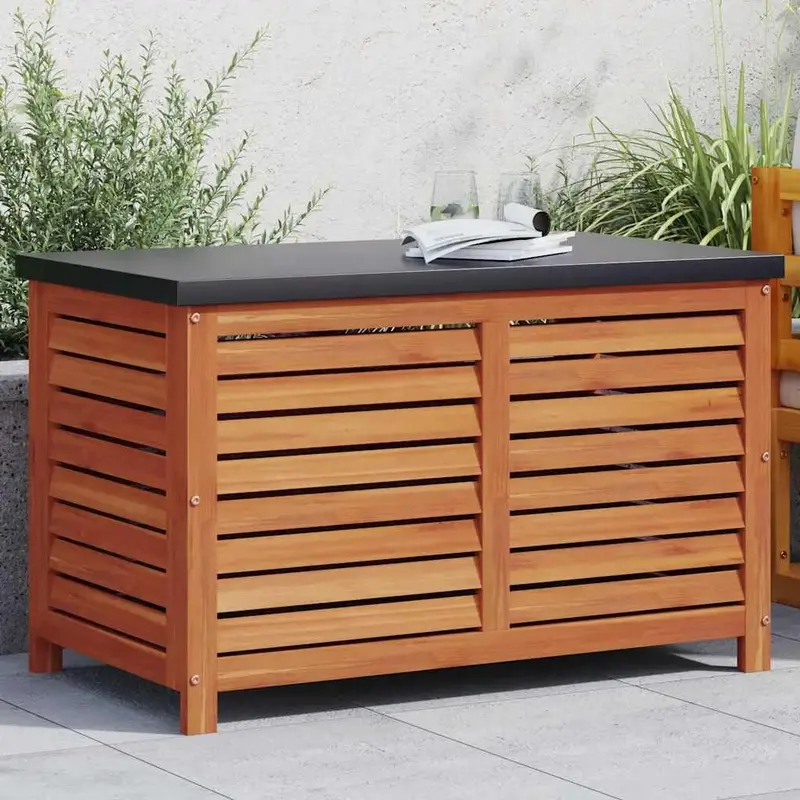 Eucalyptus Wood Garden Storage Box with Gas-Spring Lid and Powder-Coated Metal Top – 90 cm Capacity