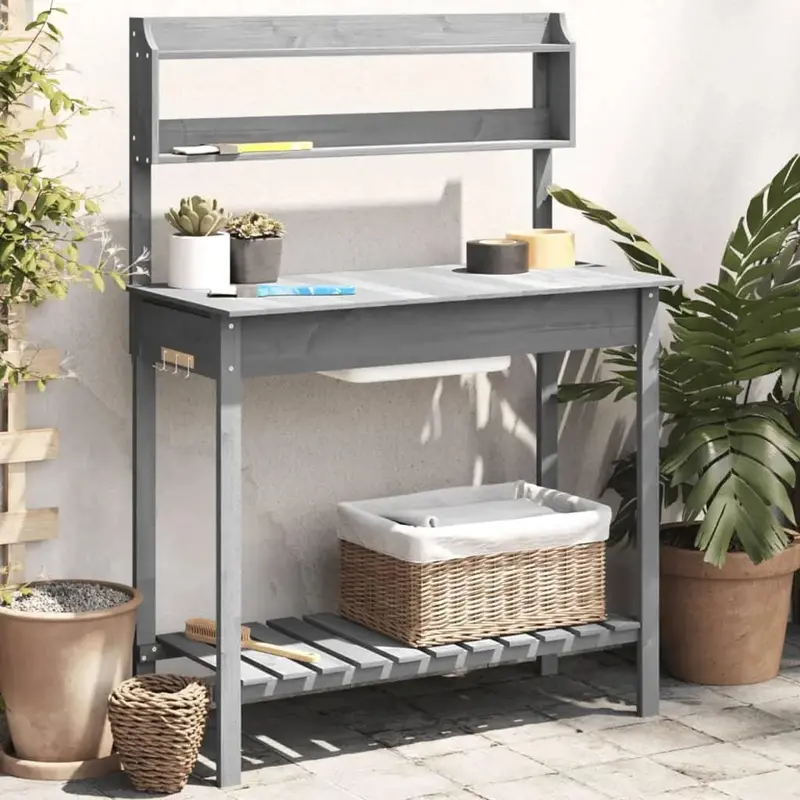 Expandable Wooden Potting Bench in Grey – Includes Sink & Storage Hooks