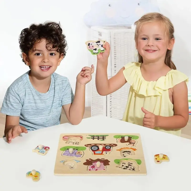 Farm Animal Peg Puzzle – Wooden Board with 7 Easy-Grip Animal Shapes and Tractor Matching Game