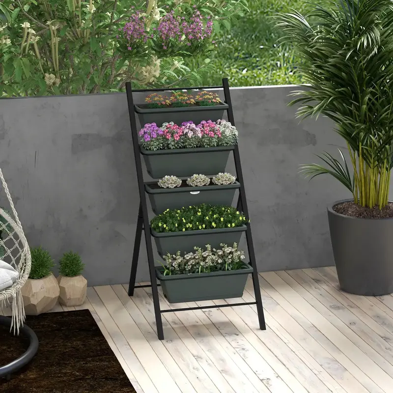 Five-Tier Charcoal Grey Vertical Raised Garden Bed with Removable Pots