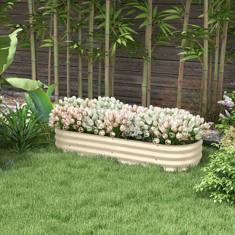 Flexible-Curve Raised Garden Bed – Cream-White Galvanised Steel, Open-Bottom Design by OUTSUNNY
