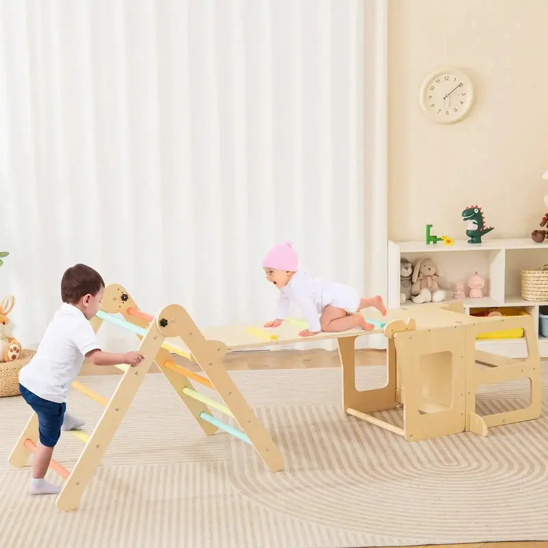 Foldable 7-in-1 Wooden Kids Climbing Gym | Triangle Ladder, Table & Chair Combo Set by COSTWAY
