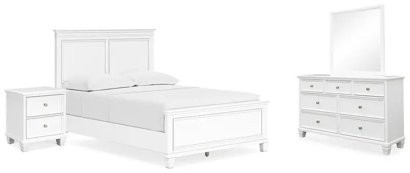 Fortman White Full Panel Bed with Matching Mirrored Dresser and Nightstand