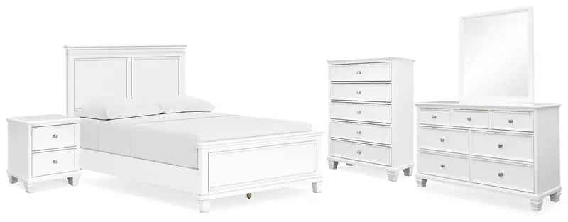 Fortman White Full Panel Bedroom Set – Bed, Mirrored Dresser, Chest & Nightstand