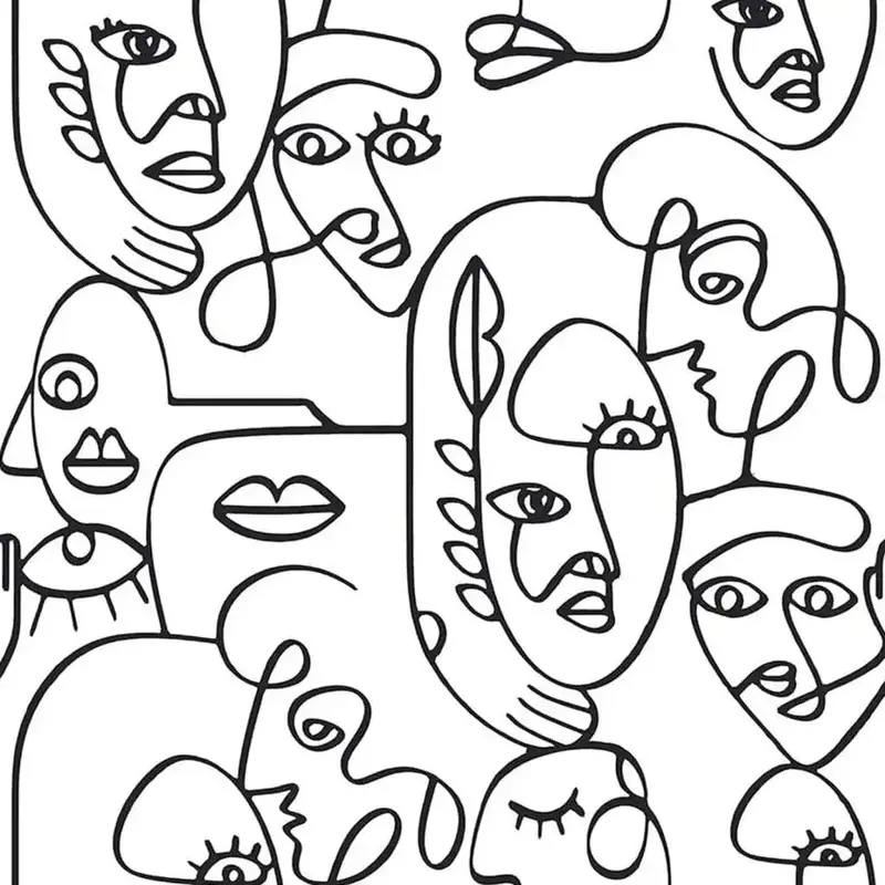 Friends & Coffee Line Art Faces Wallpaper in Monochrome Black and White