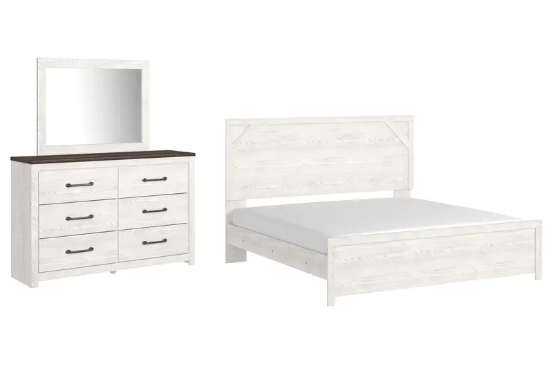 Gerridan White-Gray King Panel Bed Featuring Mirrored Dresser