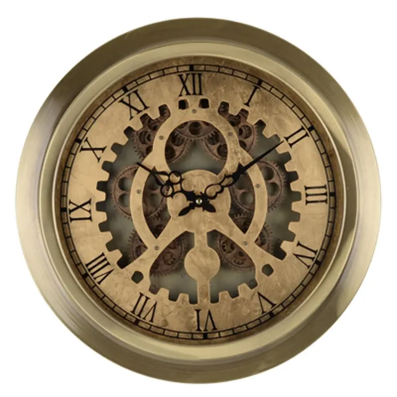 Gold-Finished Industrial Round Wall Clock with Exposed Mechanism
