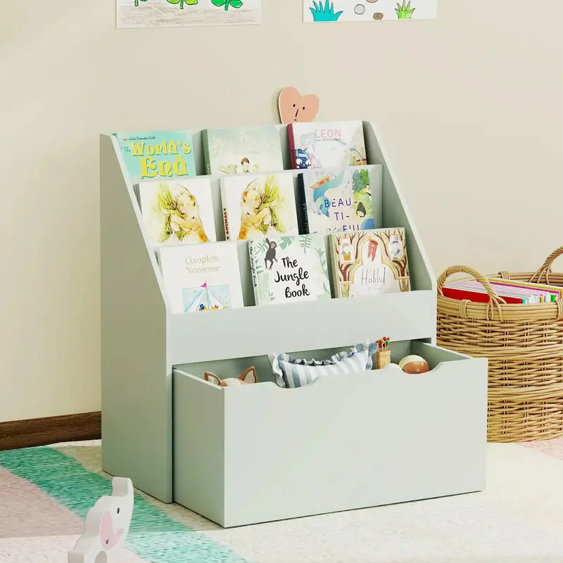 Green 3-Tier Kids Bookshelf with Rolling Drawer – AIYAPLAY Storage Unit