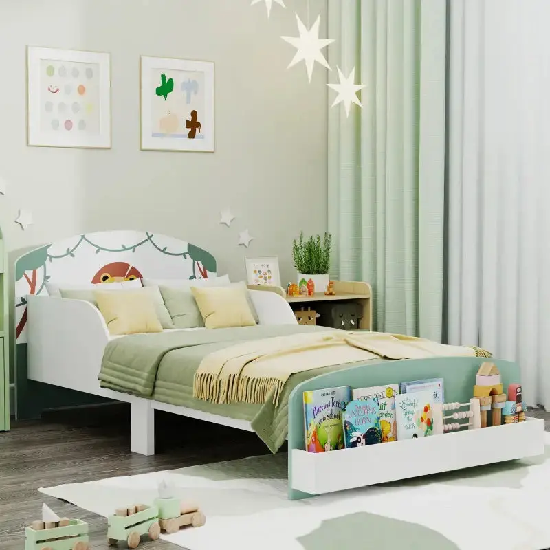 Green Cartoon Lion-Themed Toddler Bed with Under-Bed Storage – Low-Profile Design with Safety Side Rails by AIYAPLAY