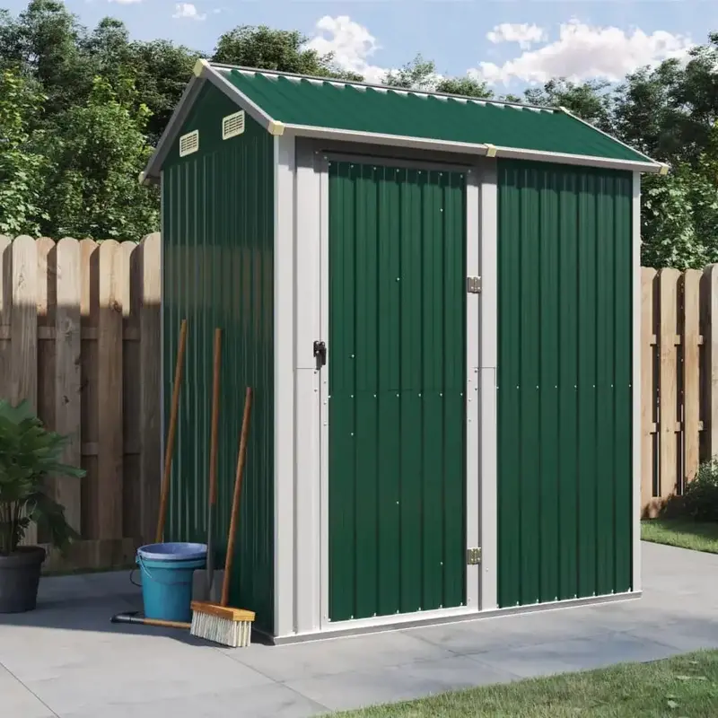 Green Galvanised Steel Garden Shed | Sloped Roof Structure with Four Ventilation Openings