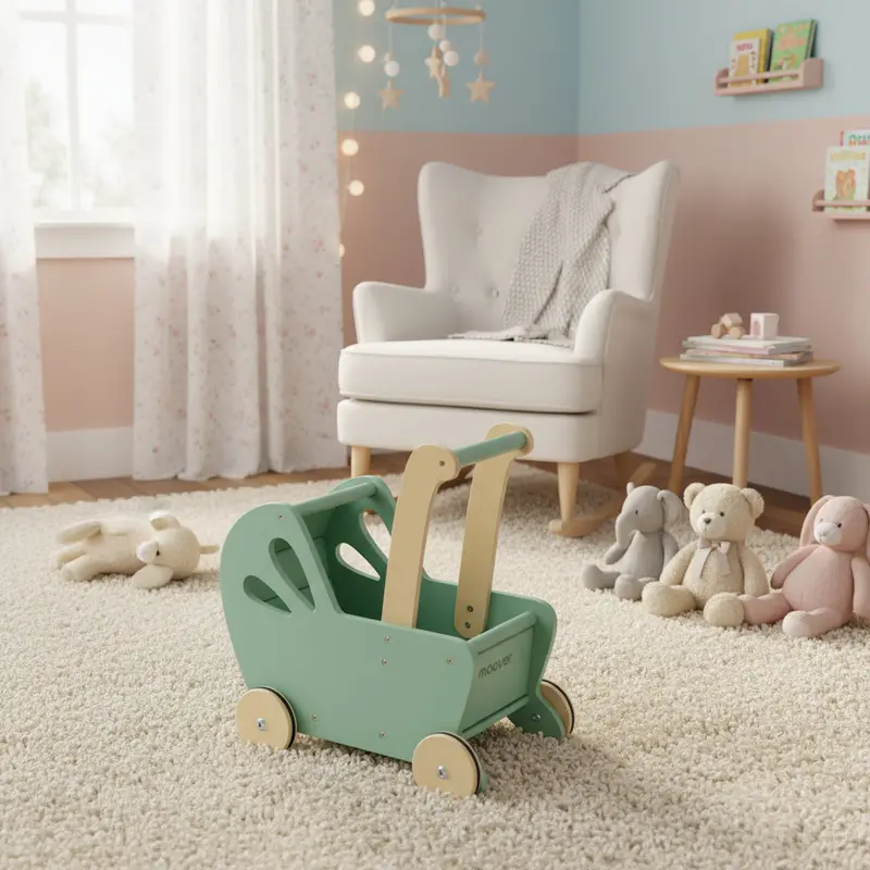 Green Wooden Pram for Toddlers – Push-Along Walking Aid with Soft Rubber Wheels