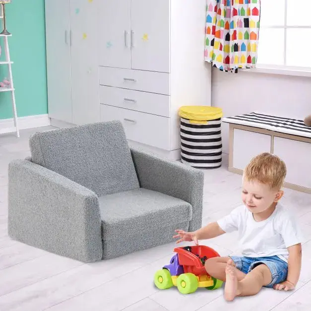 Grey 2-in-1 Convertible Kids Sofa: Flip-Open Toddler Lounger and Sleeper Couch – COSTWAY