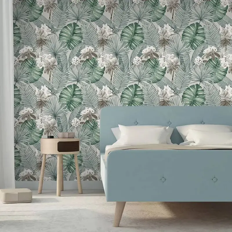 Grey-and-Light-Green ‘Eden’ Botanical Wallpaper with Subtle Leaf Motifs