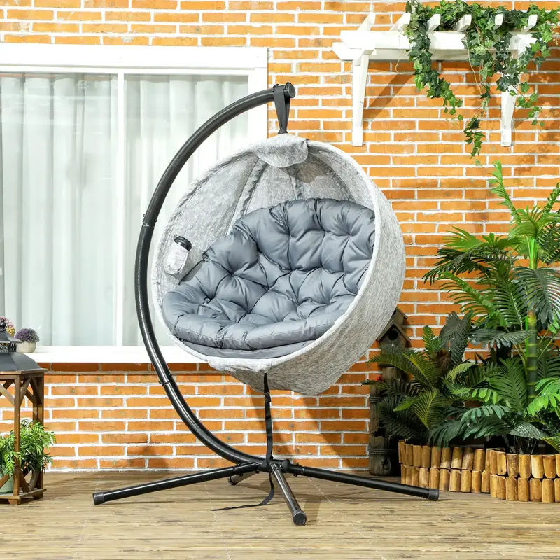 Grey & Black Texteline Hanging Egg Chair | Decorative Indoor/Outdoor Swing with Built-In Cup Holder by OUTSUNNY