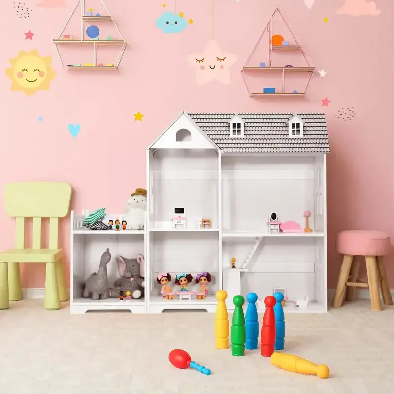 Grey Dollhouse-Style Bookshelf – 5-Compartment Storage Unit with Balcony & 14-Piece Furniture Set | COSTWAY