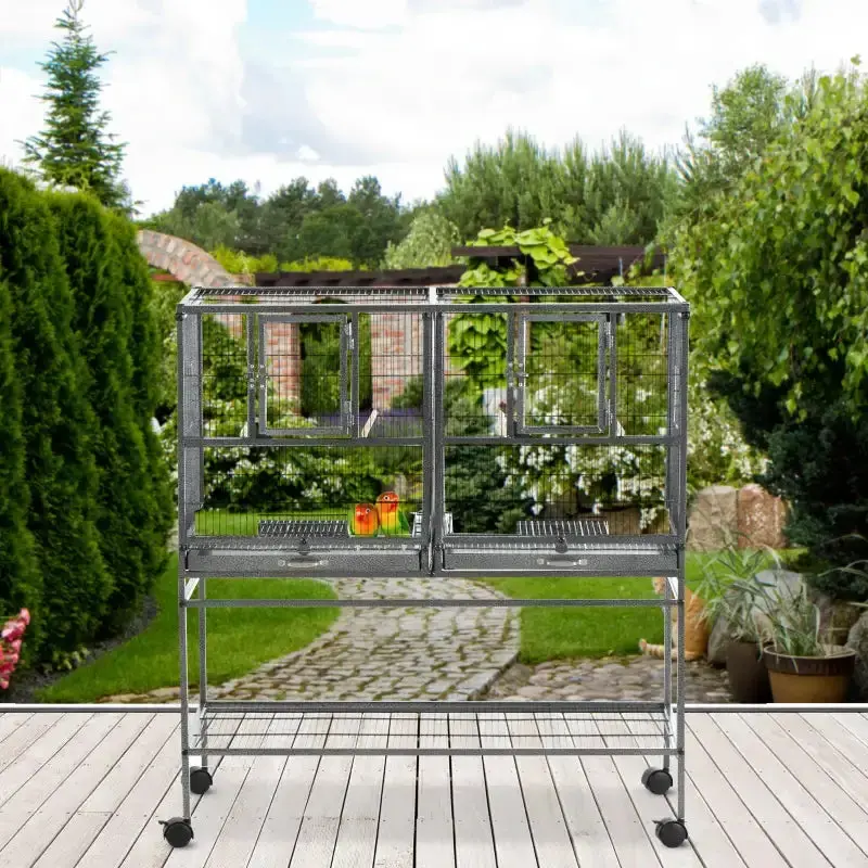 Grey Dual-Compartment Indoor Bird Cage – Convertible Habitat with Stand for Small Birds