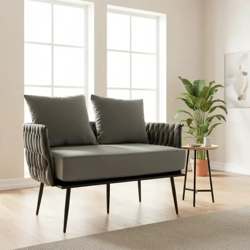 Grey Dutch Velvet Woven-Back Loveseat – Textured Armrests & Sleek Metal Frame by COSTWAY