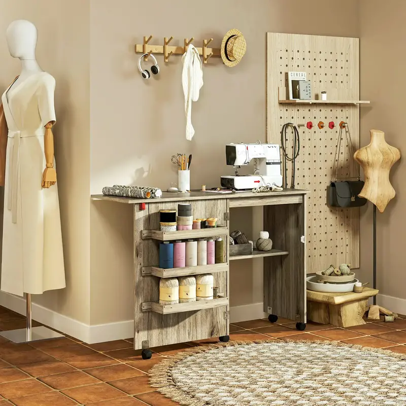 Grey Folding Sewing Table with Drop-Leaf Design, Magnetic Side Panel & 3 Storage Bins – HOMCOM