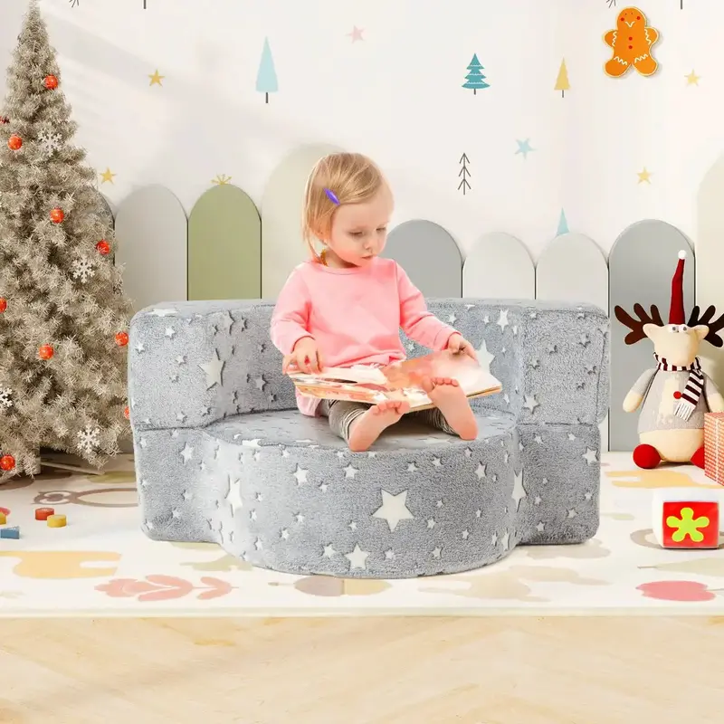 Grey Glow-in-the-Dark Convertible Kids Sofa – Foldable Cushioned Seat for Play or Rest by COSTWAY
