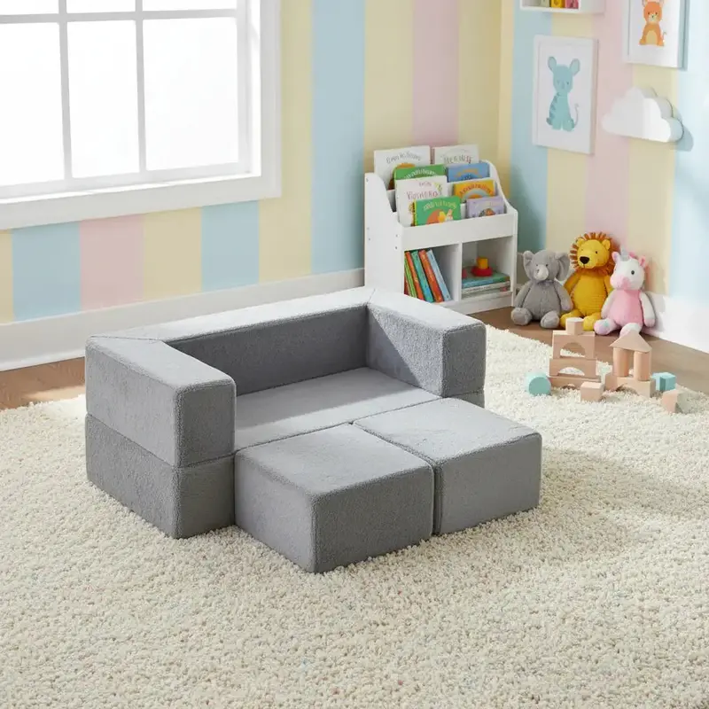 Grey Kids Modular Sofa Playset – Convertible Foam Couch Bed with Removable Washable Cover