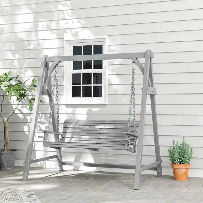 Grey Larch Wood Garden Swing | Height-Adjustable Two-Person Outdoor Swing by OUTSUNNY