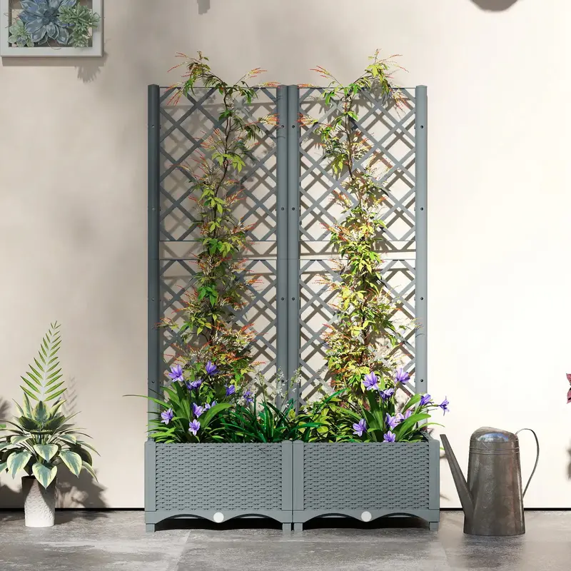 Grey PP Vertical Garden Planter with Trellis | Space-Saving Raised Bed with Climbing Support by OUTSUNNY