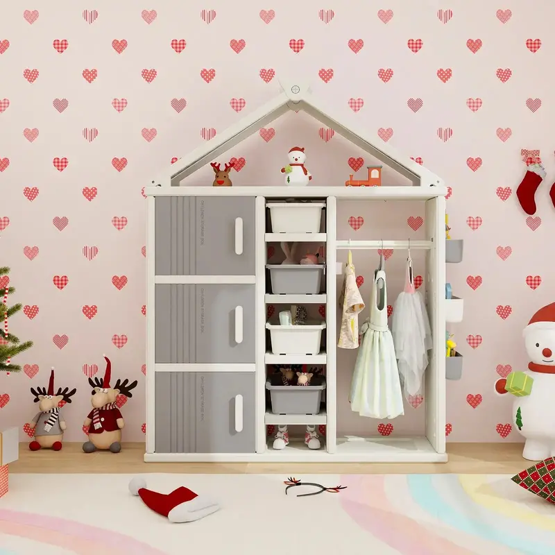 Grey & White House-Style Kids Wardrobe | Modular Storage Bins & Cubes | COSTWAY