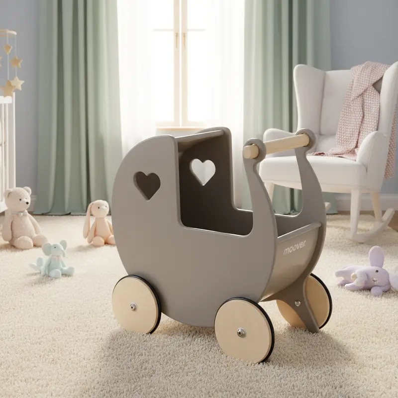 Grey Wooden Dolls Pram – Sustainable Push-Along Toy for Toddlers by MOOVER